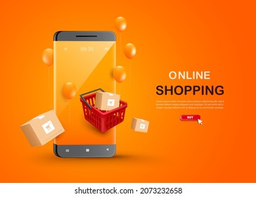 The parcel box floated out of the red basket. and spread around the smartphone And there are orange balloons floating all over the area,vector 3d for delivery and online shopping concept design