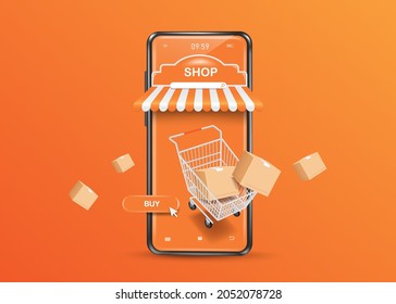 The parcel box floated out of the shopping cart and all floated in front smartphone store and there is a buy icon next to it for online shopping concept,vector 3d on orange background 