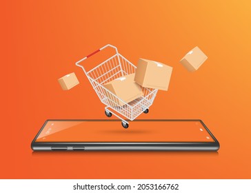 A parcel box floated out of a white shopping cart and all floated above the smartphone for online shopping concept design,vector 3d on orange background for advertising promotion sale design