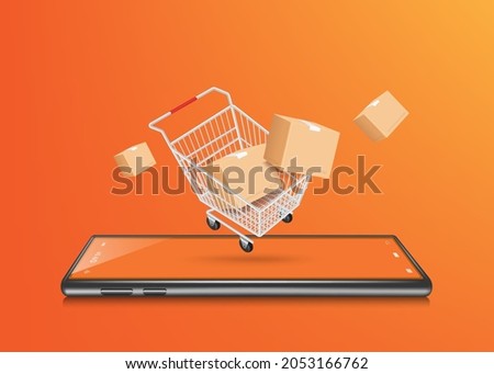A parcel box floated out of a white shopping cart and all floated above the smartphone for online shopping concept design,vector 3d on orange background for advertising promotion sale design