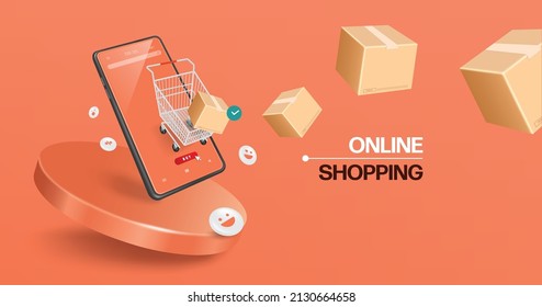 Parcel box floated from the shopping cart in front of the smartphone and all floating on a round podium for delivery and online shopping concept design,vector 3d isolated on pastel orange backgroud - Shutterstock ID 2130664658