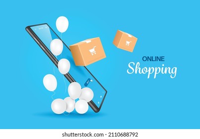 A parcel box floated from the smartphone screen and a white balloon floated beside it and all object on blue background for online shopping summer concept design,vector 3d isolated