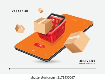 Parcel box is floating into a red shopping basket and all objects float above smartphone to convey how customers add products to basket vector 3d isolated for delivery and online shopping concept