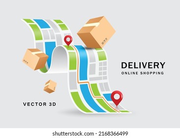 Parcel box floats on the map paper and has a red pin located where the parcel will be delivered to the customer,vector 3d isolated on white background for online shopping and delivery concept design