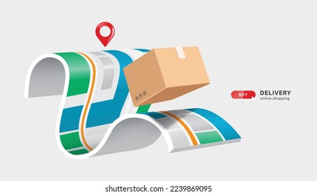 Parcel box floats on the map paper and has a red pin located where the parcel will be delivered to the customer,vector 3d isolated on white background for online shopping and delivery concept design