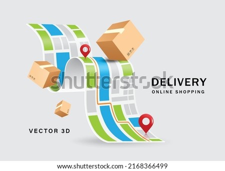Parcel box floats on the map paper and has a red pin located where the parcel will be delivered to the customer,vector 3d isolated on white background for online shopping and delivery concept design