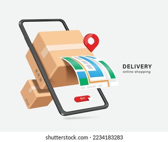 Parcel box floats out and displays in front of the smartphone screen along with a pin placed on location the GPS map for delivery,vector 3d for e commerce,delivery,online shopping concept design