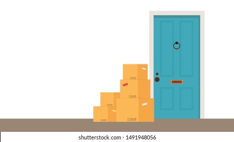 Parcel box in front of the door. Parcel box vector. free space for text. copy space.