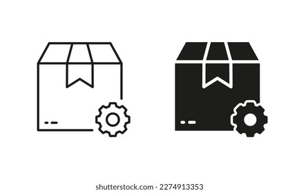 Parcel Box with Gear Silhouette and Line Icon Set. Shipping Order Carton Pack Pictogram. Delivery Service Setting, Cogwheel and Cardboard Packaging. Editable Stroke. Isolated Vector Illustration.