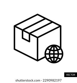 Símbolo parcel box y globo, envío internacional de productos, icono de concepto de entrega a nivel mundial en diseño de línea para sitio web, app, ui, aislado en fondo blanco. Trazo editable. Vector EPS 10.
