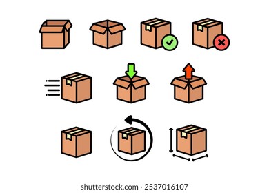 Conjunto de iconos de caja de paquete. Transporte, logística, envío, servicio expreso, entrega, paquete, mensajería, conceptos de devolución. Ilustración aislada de diseño de Vector de contorno de color.