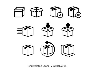 Parcel box icon set. Transportation, logistics, shipment, express service, delivery, package, courier, return concepts. Outlined vector design isolated illustration.