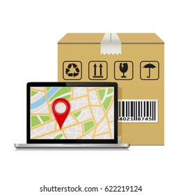 Parcel box and laptop with gps map. Mock-up for shipping parcel tracking order. 