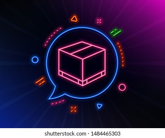 Parcel box line icon. Neon laser lights. Logistics delivery sign. Package tracking symbol. Glow laser speech bubble. Neon lights chat bubble. Banner badge with delivery box icon. Vector