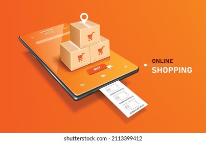 Parcel box and the location pin are placed on the smartphone with the purchase icon on screen and receipt flows out and all floating on orange background,vector3d for delivery and online shopping