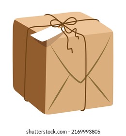 Parcel box made of kraft paper, cardboard on a white background. Vector illustration in a flat style. Brown gift wrapping tied with a rope label