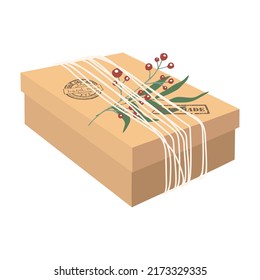 Parcel box made of kraft paper, cardboard on a white background. Vector illustration in a flat style. Brown gift wrapping tied with a rope label