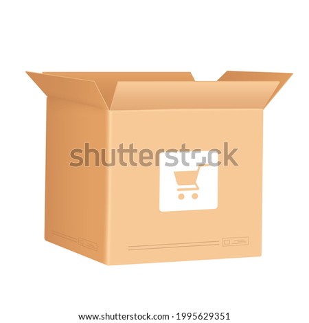 The parcel box is open. and there is a picture of a shopping cart beside the box put on a white background for delivery and shopping online concept design,vecter 3d isolated for advertising design
