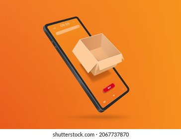 The parcel box was opened. Floating on the smartphone screen and all floating in the air for online shopping concept design,vector 3d on orange background for promotion sale advertising design