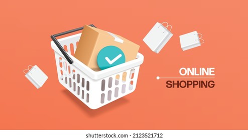 Parcel box and order confirmation icon placed in white shopping cart. And around there were shopping bags floating in mid-air,vector 3d on pastel orange background for online shopping concept design