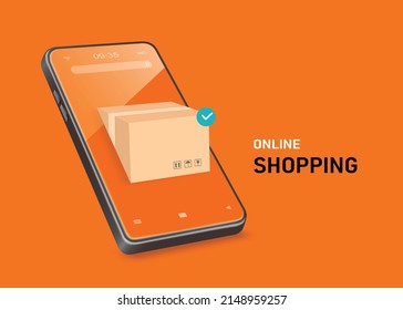 A parcel box with an order confirmation icon emerges from the smartphone screen for promotion sale design,vector 3d isolated on orange background for delivery and online shopping concept design