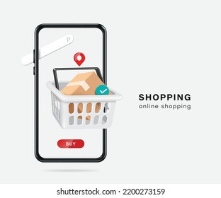 Parcel box and order confirmation icon placed in white shopping basket and there is a red buy icon at bottom and all pop up on smartphone,vector 3d isolated for logistic,delivery and online shopping