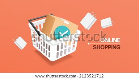 Parcel box and order confirmation icon placed in white shopping cart. And around there were shopping bags floating in mid-air,vector 3d on pastel orange background for online shopping concept design