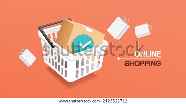 Parcel box and order confirmation icon placed in
white shopping cart. And around there were shopping bags floating
in mid-air,vector 3d on pastel orange background for online
shopping concept design