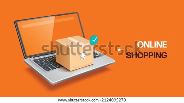 Parcel box with order confirmation icon is\
placed on a computer laptop and all floating in midair for\
designing advertisements about shipping and online shopping,vector\
3d isolated on orange\
backgroud