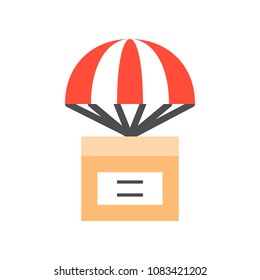 Parcel box with parachute, delivery concept flat icon