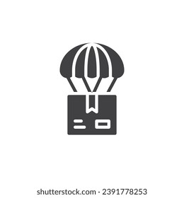 Parcel box with parachute vector icon. filled flat sign for mobile concept and web design. Air delivery glyph icon. Airdrop symbol, logo illustration. Vector graphics