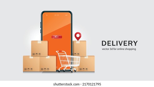 The parcel box is placed in front and behind the smartphone and a shopping cart is placed in the front,vector 3d isolated on white background for delivery and online shopping concept design