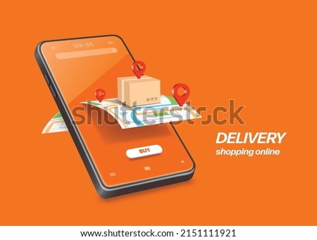 Parcel box is placed on GPS map that flows from the smartphone screen and there are pins placed on map at many points,vector 3d isolated on orange background for delivery and online shopping concept