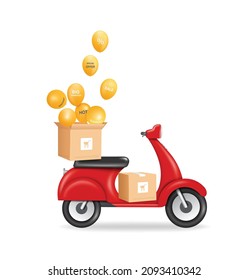 The parcel box is placed on a scooter or motorcycle for delivery. and a yellow balloon floated out of the box for delivery concept design,vector 3d isolated on white background for advertising design