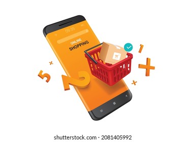 The parcel box is placed in a red shopping basket and all placed on the smartphone screen and there are number of orders floating around for delivery and online shopping concept,vector 3d isolated