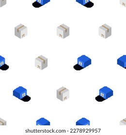 Parcel box and postman cap pattern seamless. Concept funny box to send background