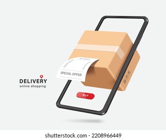 Parcel box with a receipt or invoice labeled special offer is displayed on the smartphone screen,vector 3d isolated on white background for logistics,delivery,transport and online shopping concept