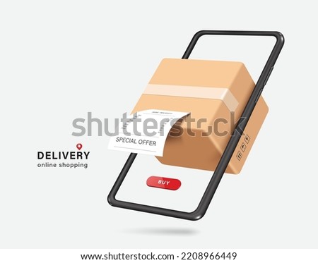 Parcel box with a receipt or invoice labeled special offer is displayed on the smartphone screen,vector 3d isolated on white background for logistics,delivery,transport and online shopping concept