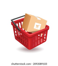 parcel box in red basket and all object on white background for advertising promotion sale,vector 3d isolated,basket floating on the air