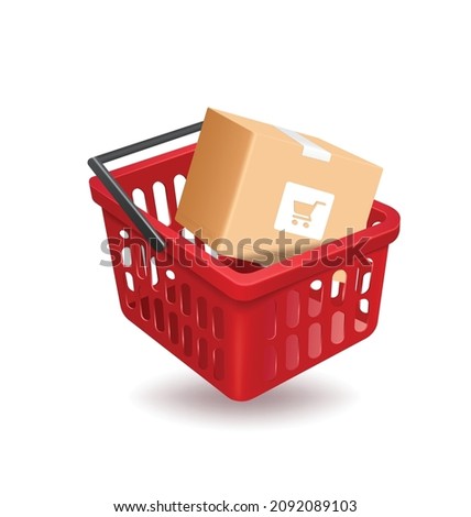 parcel box in red basket and all object on white background for advertising promotion sale,vector 3d isolated,basket floating on the air