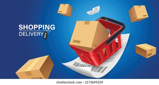 Caja de paquetes en cesta roja de compras.cesta de compras roja en la factura.Ilustración de la compra online y el diseño de concepto de compras online,vector 3d