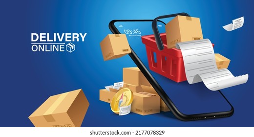 Parcel box in red shopping basket.red shopping basket on the bill.Illustration of online shopping and deliveryonline shopping concept design,vector 3d