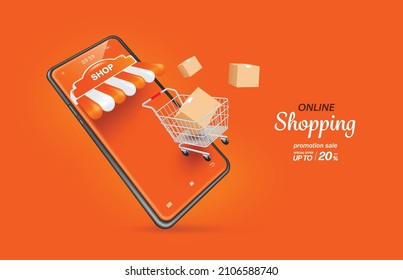 parcel box in shopping cart and all object floating on screen smartphone store for delivery and online shopping concept design,vector 3d on orange background