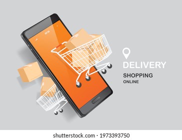 A parcel box is in a shopping cart. Floating out of a smartphone for delivery and shopping online concept design,vector 3d isolated,online sales template on application