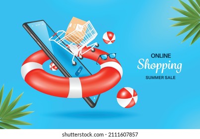 A parcel box in a shopping cart floats in front of a smartphone. inside the lifebuoy and there are balls floating around,vector 3d on blue background  for online shopping summer concept design