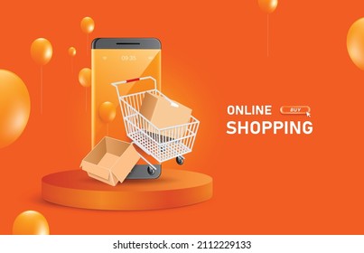 The parcel box in the shopping cart floats on the smartphone screen and the box is empty next to it and all are placed on a round podium and balloons floating around area,vector 3d for online shopping