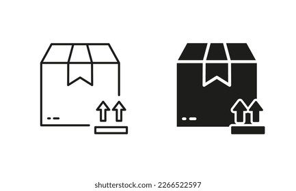 Parcel Box This Side Up Symbol Silhouette and Line Icon Set. Cardboard with Arrow Up Pictogram. Delivery Service Carton Care Packaging Direction Sign. Editable Stroke. Isolated Vector Illustration.