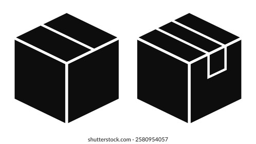 Parcel box vector icon isolated on white background. Simple outline illustration of isometric black cube. Web design geometric elements.