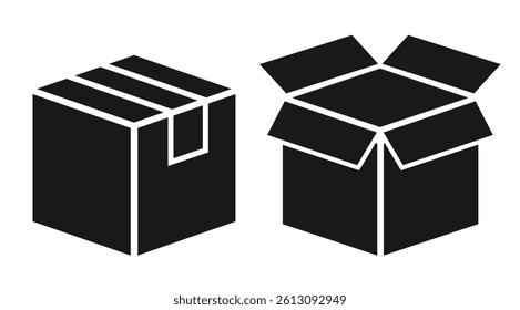 Parcel box vector icon isolated on white background. Simple flat illustration of two carton empty boxes, abstract cargo symbols, isometric web design elements.