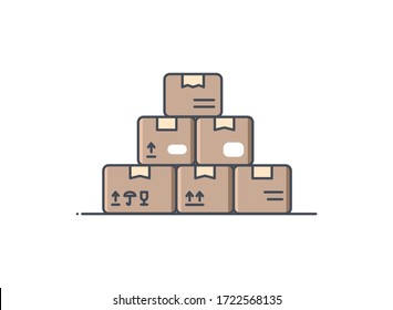 Parcel Box Vector Icon Set, Pile Of Carton Boxes Collection. Delivery Postage Container Sign, Shipping Concept. Filled Outline Flat Design Illustration Isolated On White. EDITABLE STROKE.